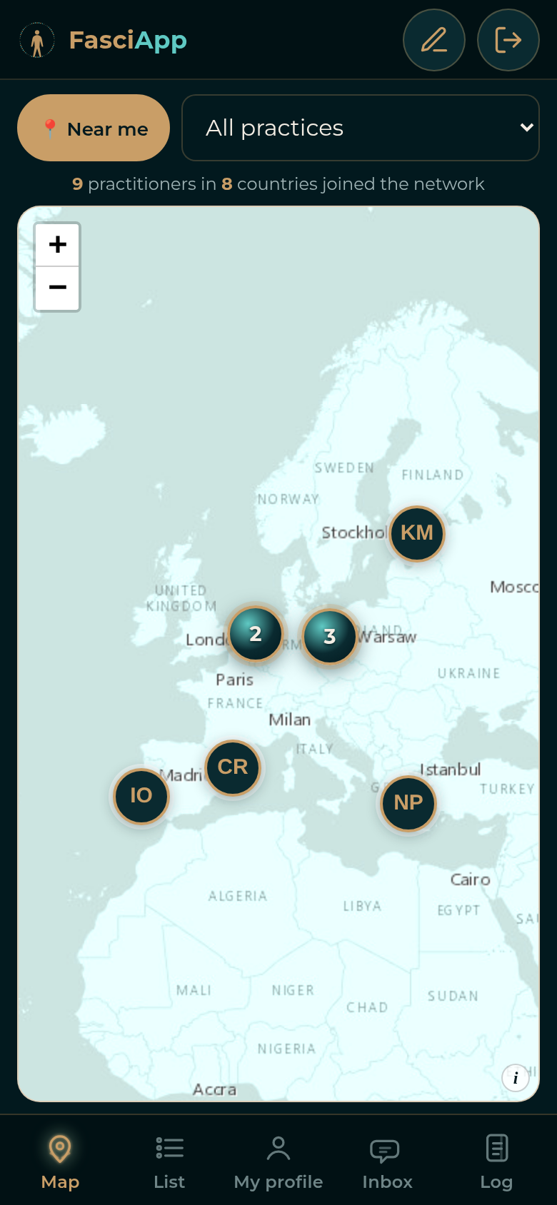 Practitioner map across Europe with clusters