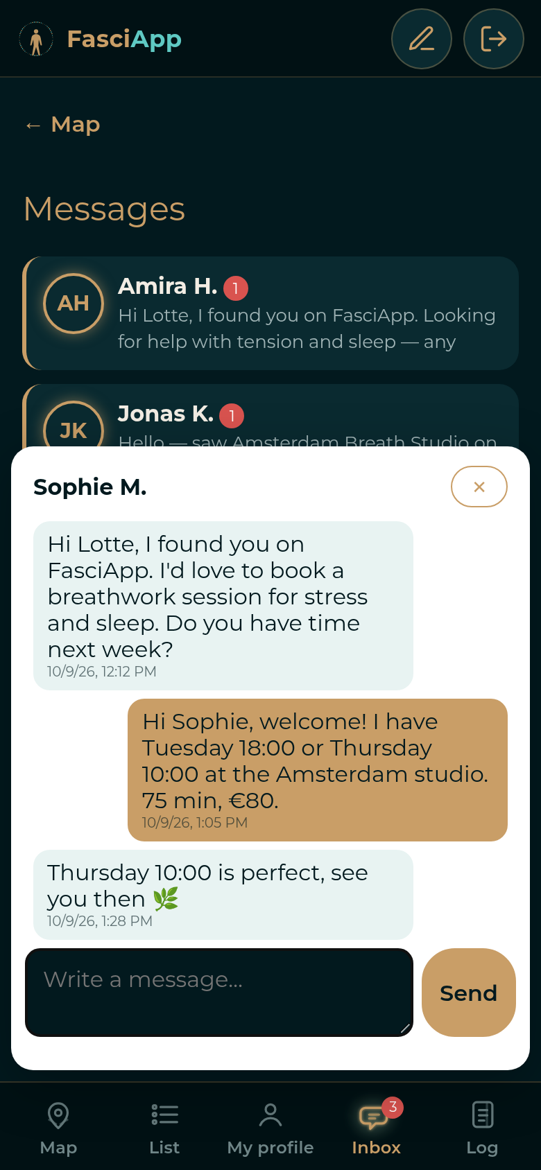 Client booking chat in inbox