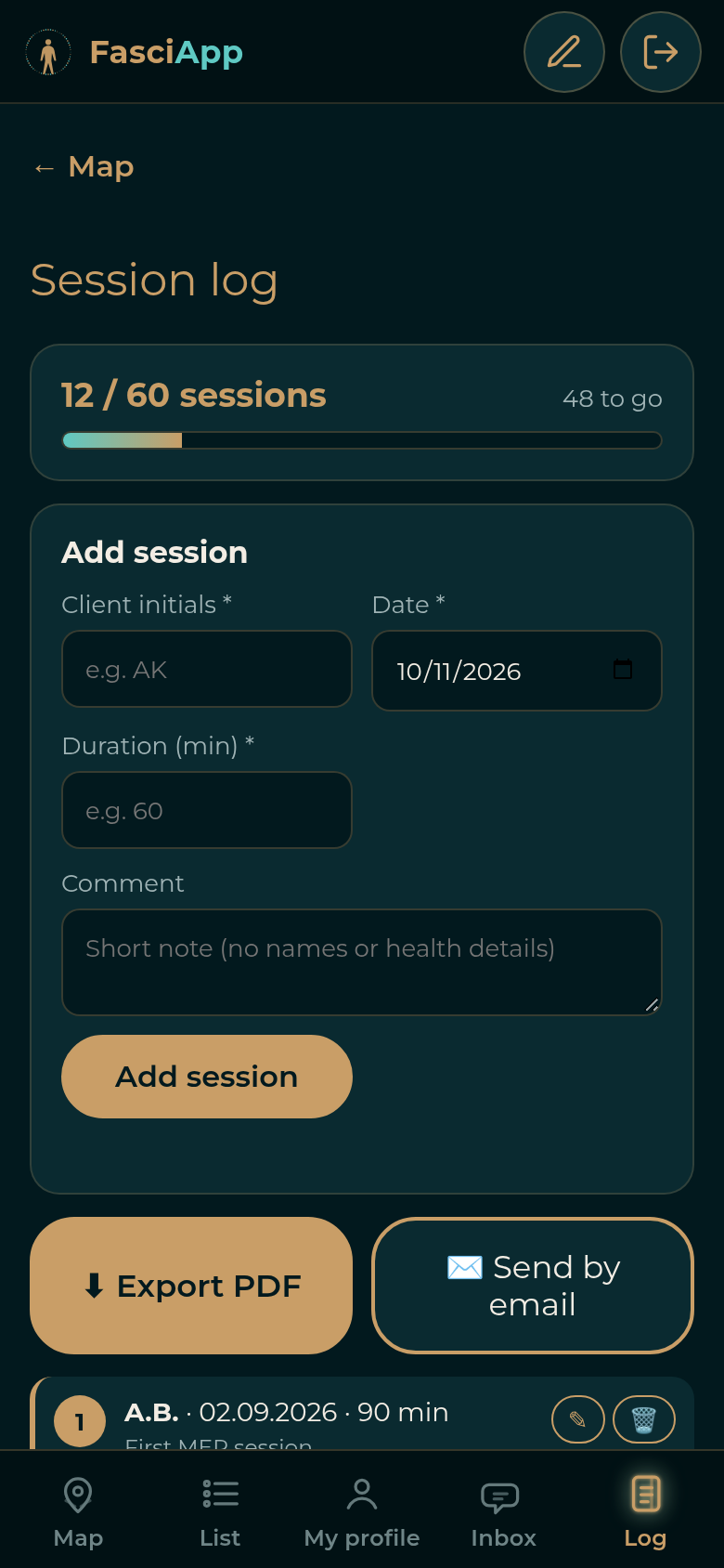Session log with client initials